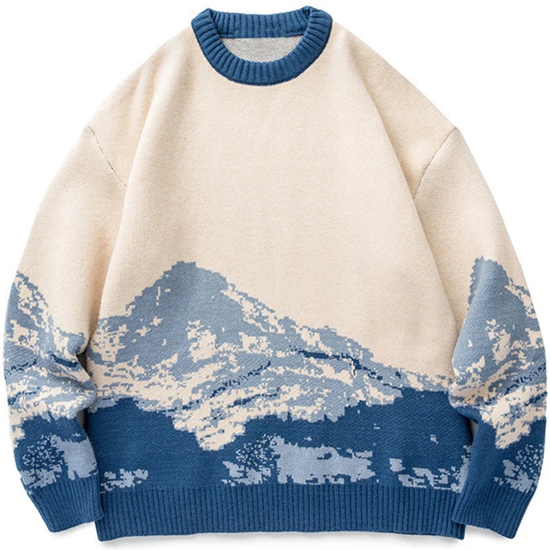 Dames Oversized Gebreide Trui met Berglandschap Design 0