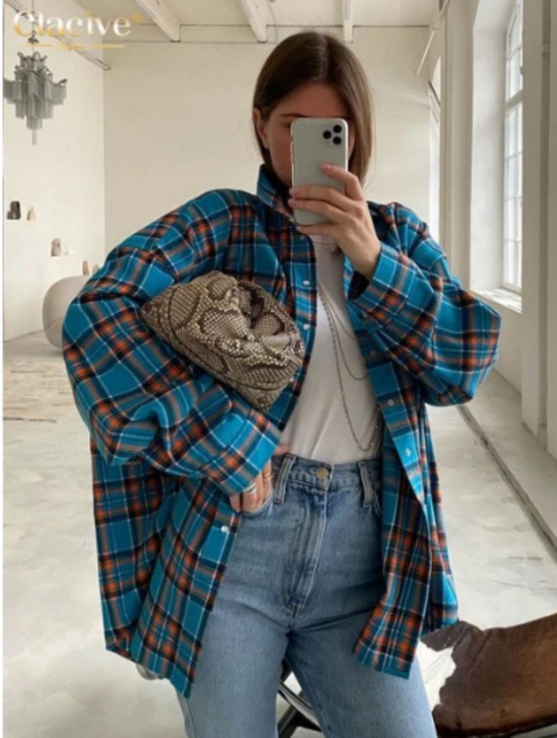 Dames Oversized Geruite Overhemd met Knopen 6