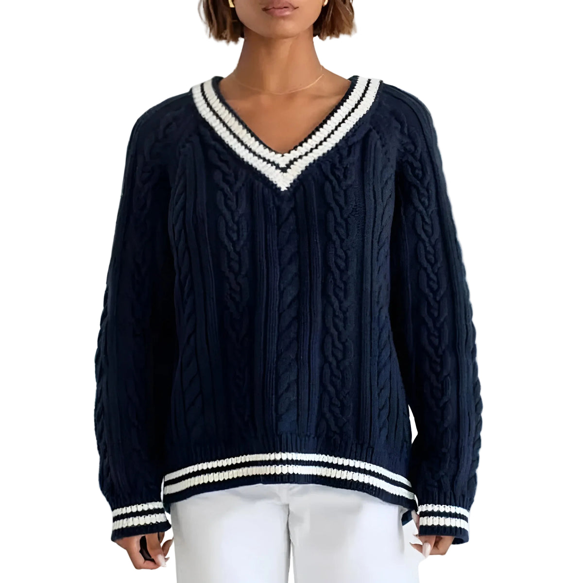 Dames Oversized Kabelgebreide Trui met V-hals 0