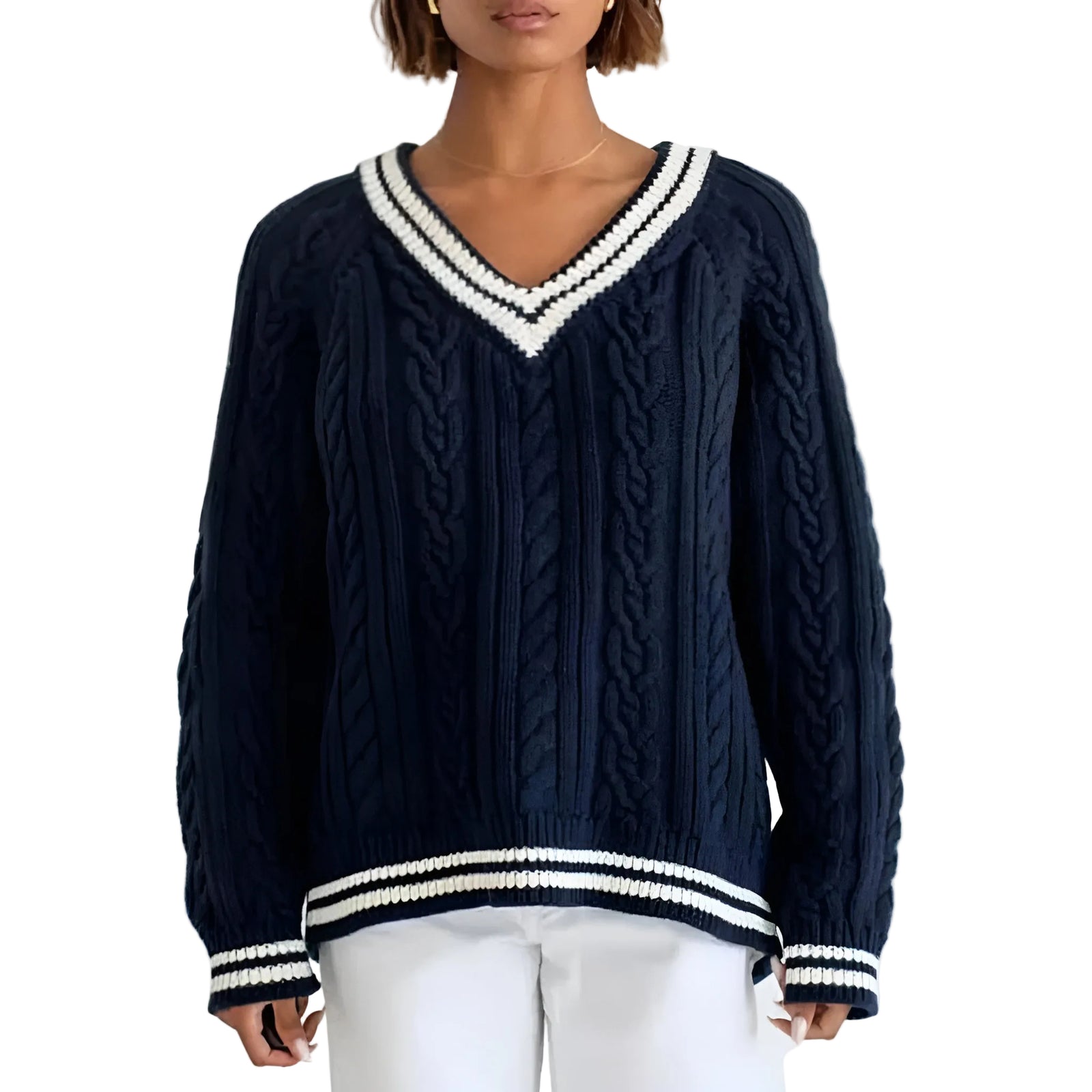 Dames Oversized Kabelgebreide Trui met V-hals 0