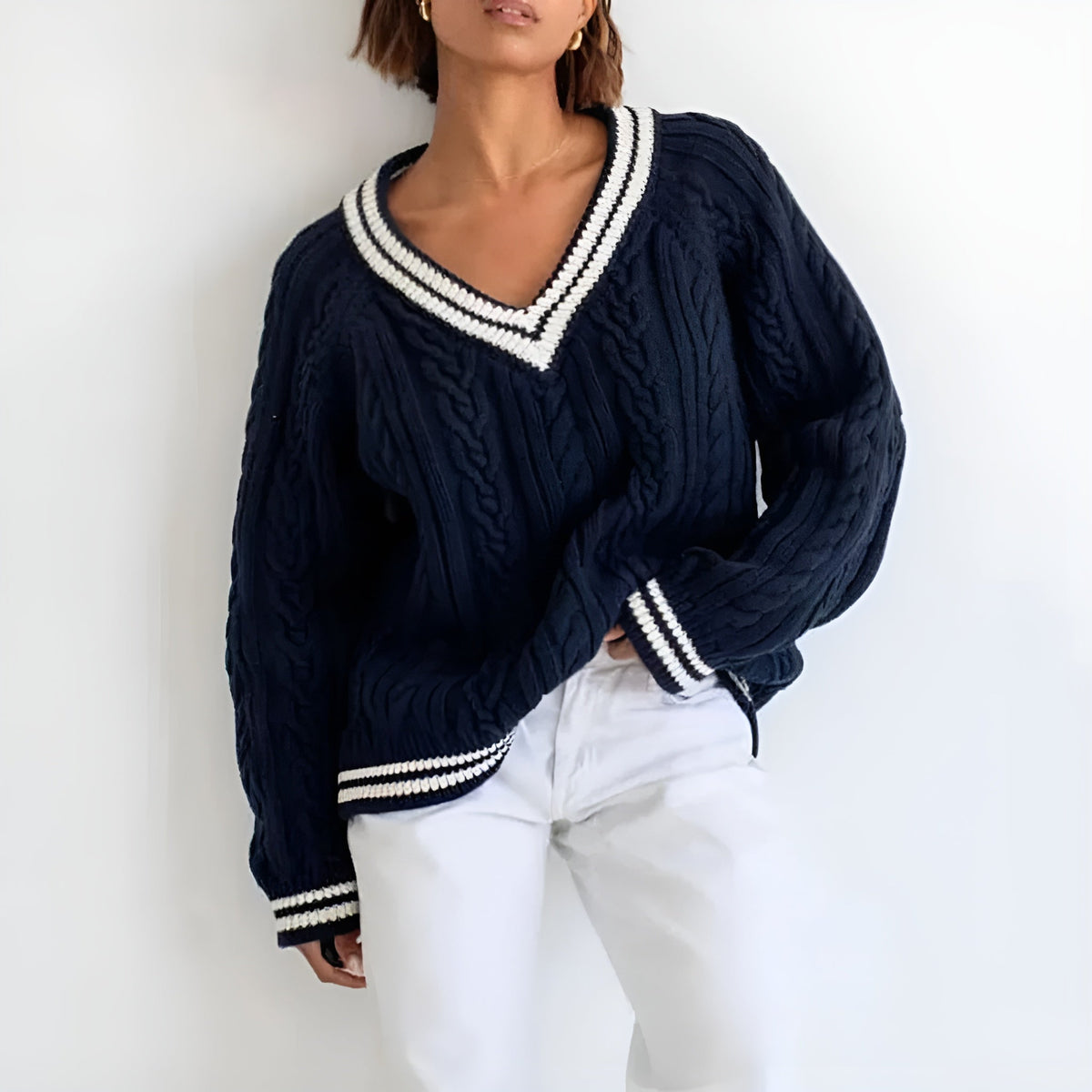 Dames Oversized Kabelgebreide Trui met V-hals 1