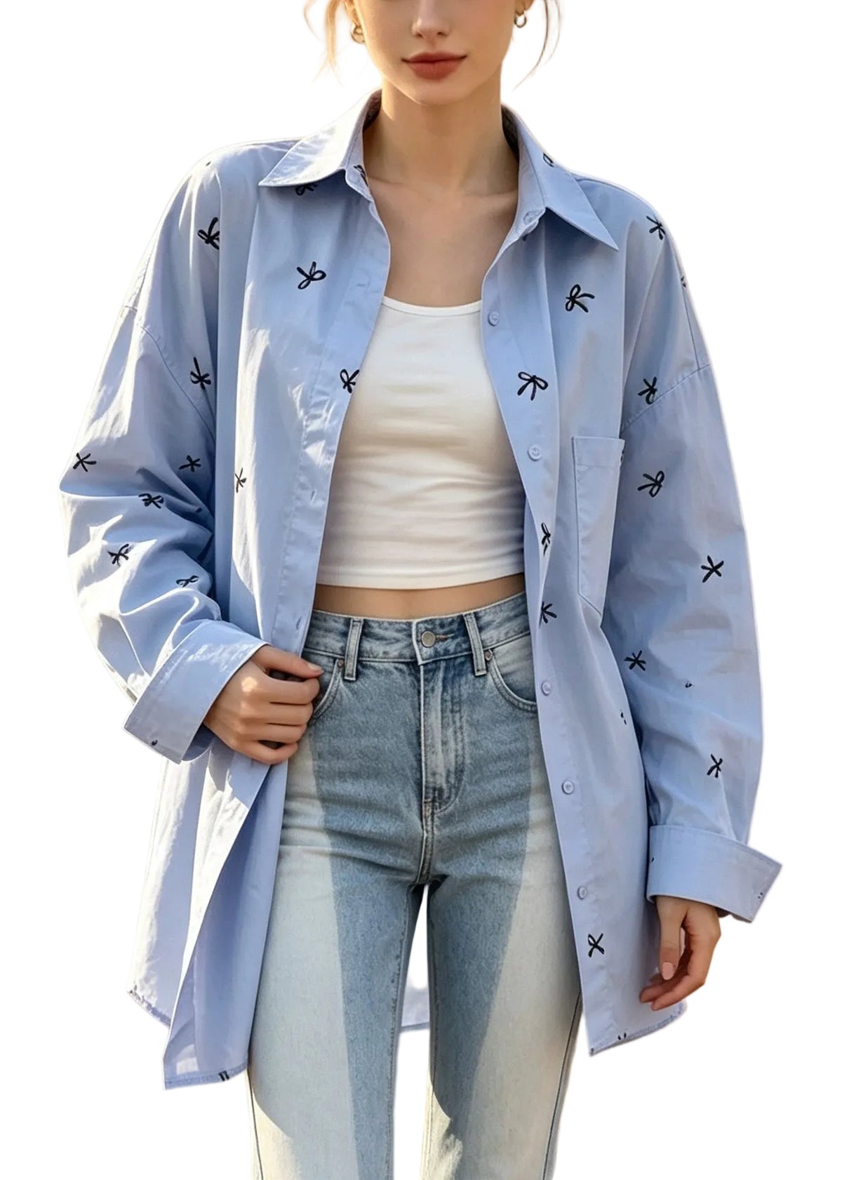 Dames Oversized Overhemdtop met Strikprint 0