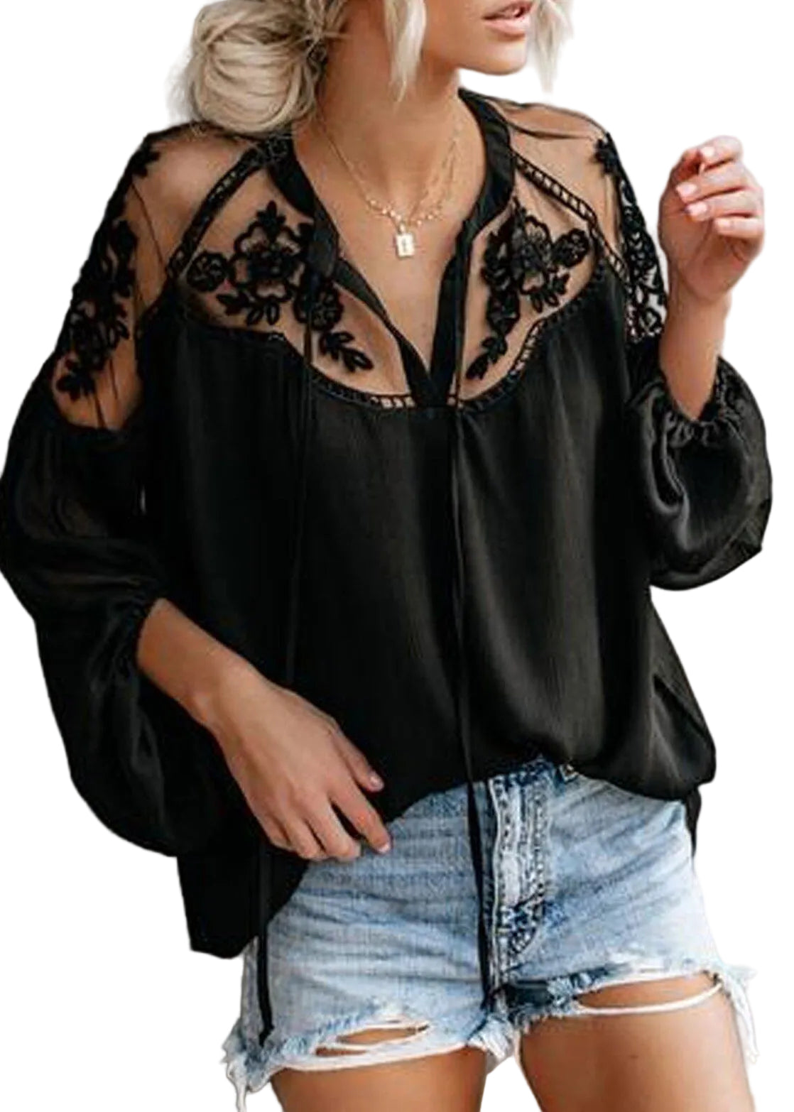 Dames Oversized Shirt Patchwork Kant Transparant Zomerstijl 0