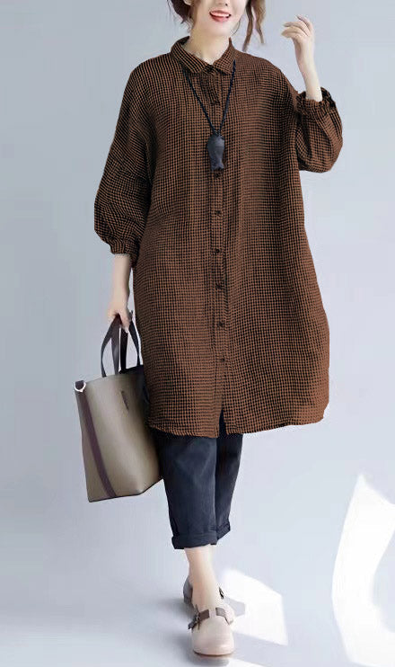 Dames Oversized T-shirt met Geruite Print en Omgeslagen Kraag 11