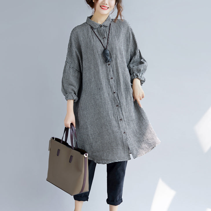 Dames Oversized T-shirt met Geruite Print en Omgeslagen Kraag 1