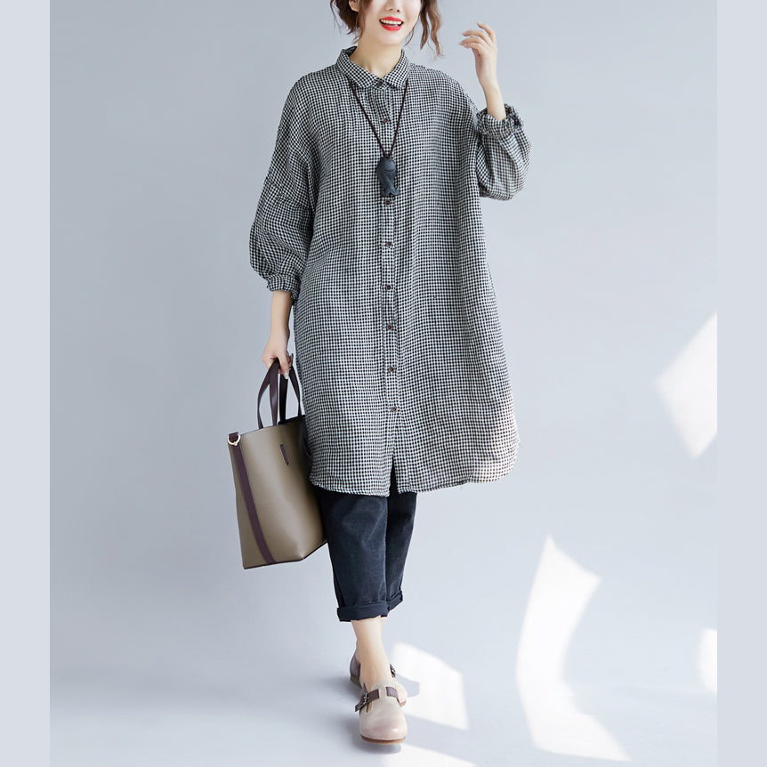 Dames Oversized T-shirt met Geruite Print en Omgeslagen Kraag 2