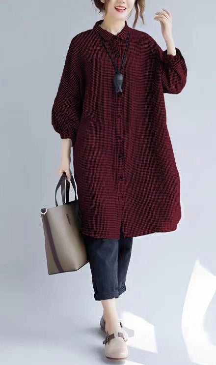 Dames Oversized T-shirt met Geruite Print en Omgeslagen Kraag 7