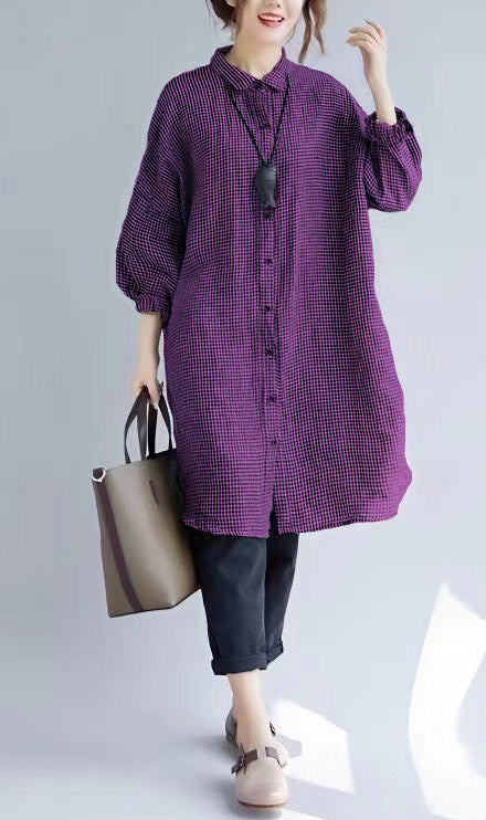 Dames Oversized T-shirt met Geruite Print en Omgeslagen Kraag 9