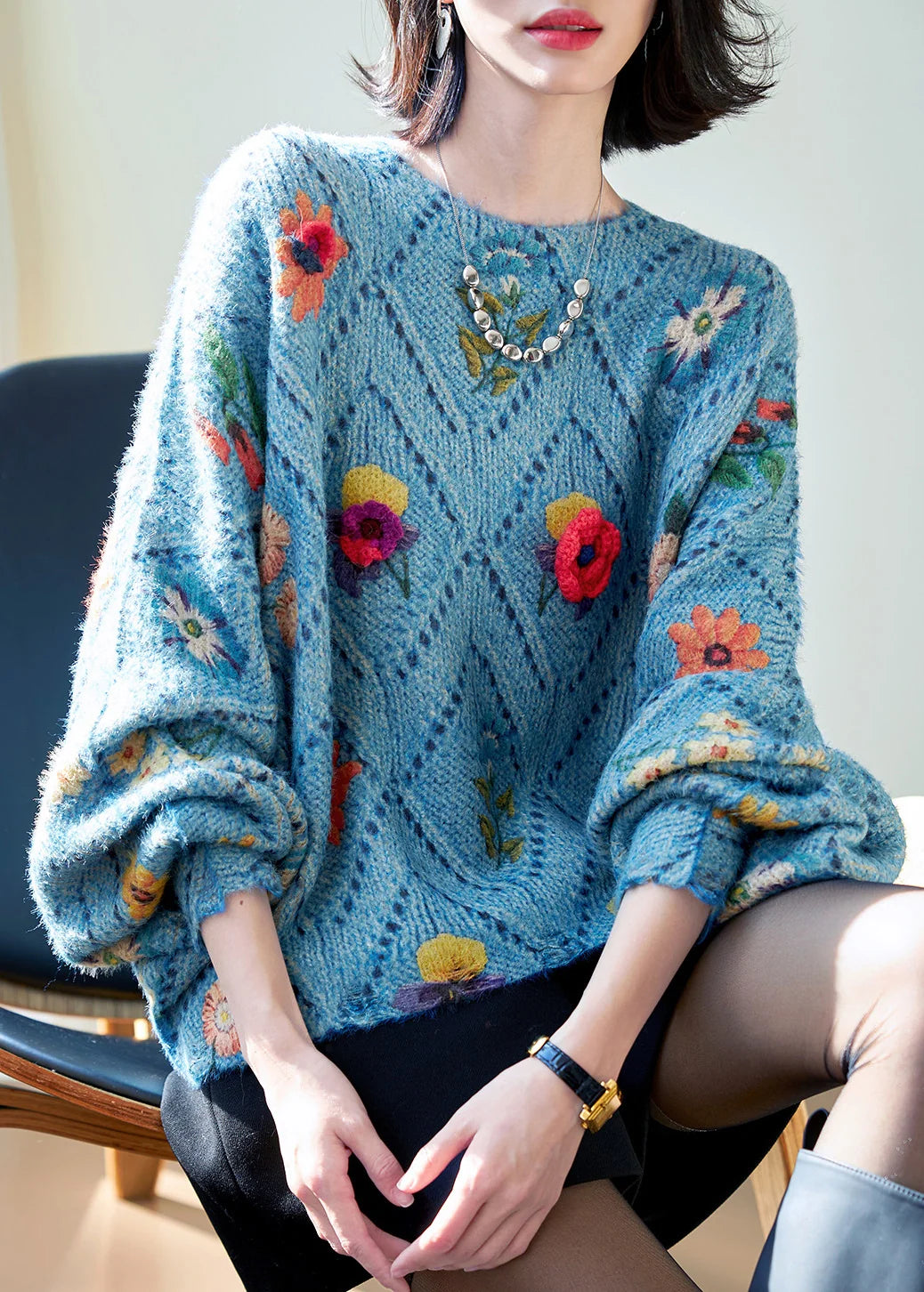 Dames Oversized Trui Gebreid Bloemenprint Herfststijl 1