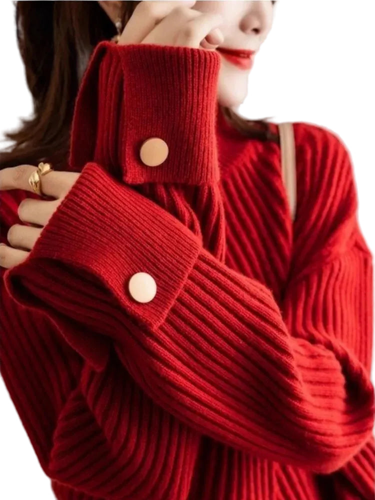 Dames Oversized Trui met Hoge Hals en Knoopdetails 0