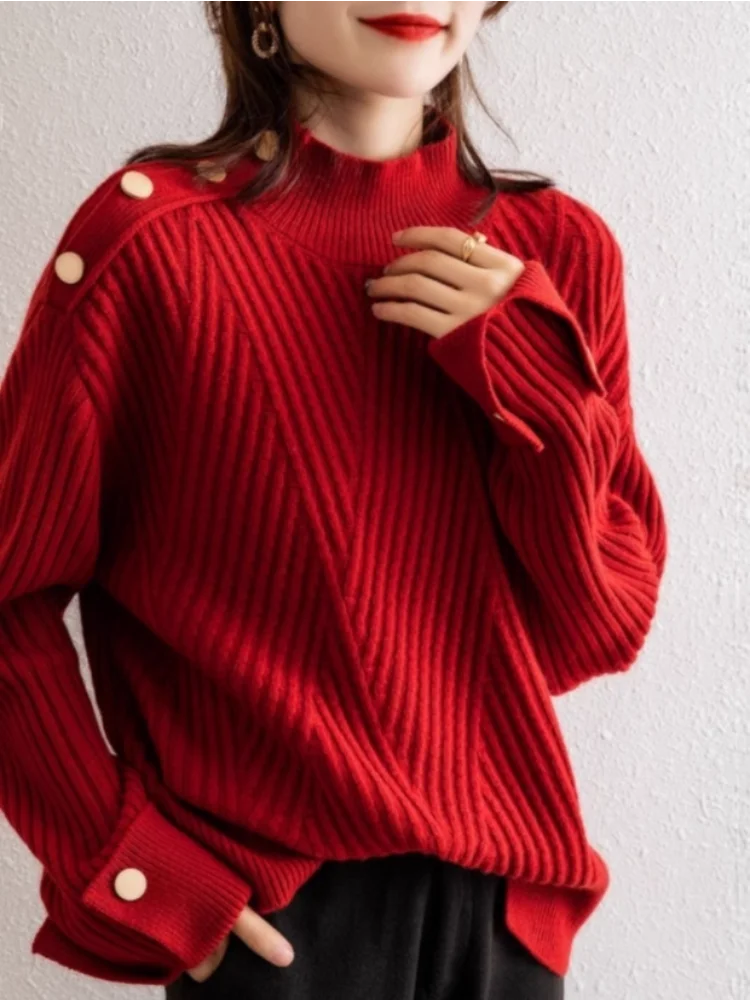 Dames Oversized Trui met Hoge Hals en Knoopdetails 1