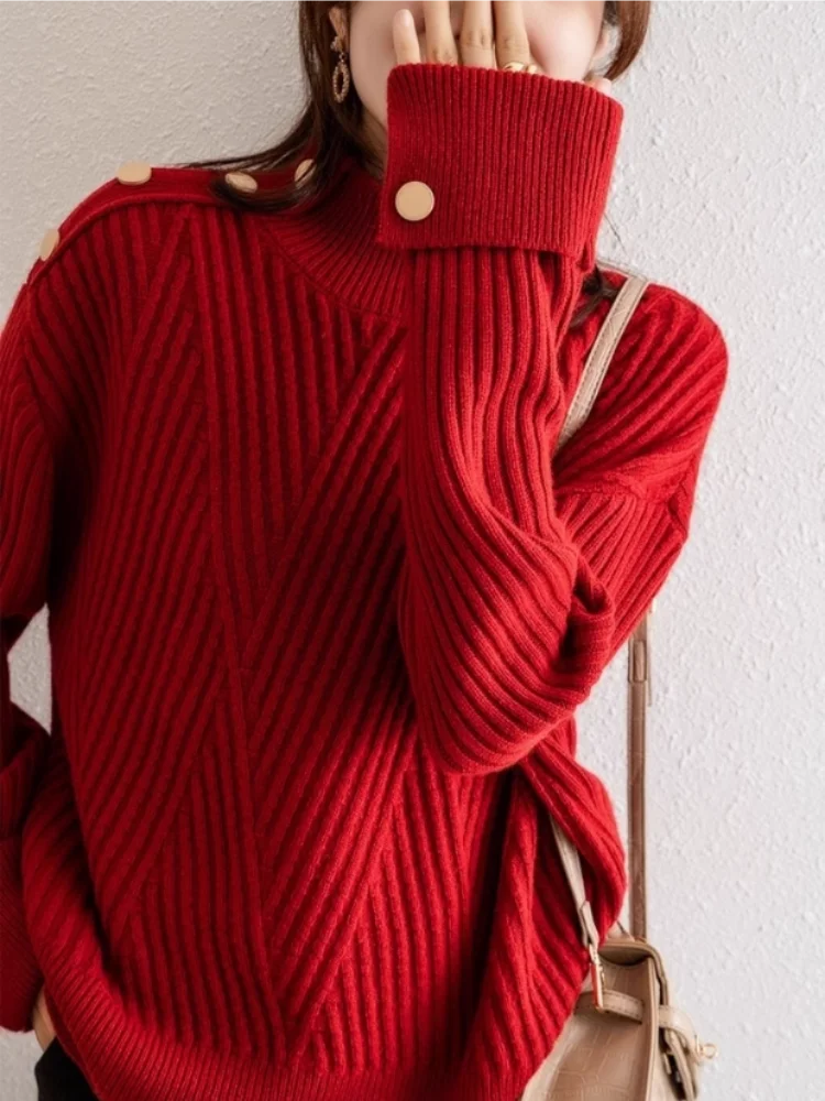 Dames Oversized Trui met Hoge Hals en Knoopdetails 3