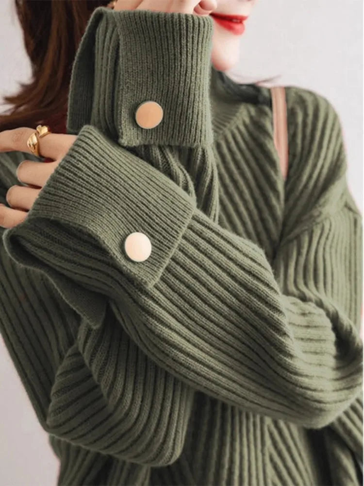 Dames Oversized Trui met Hoge Hals en Knoopdetails 6