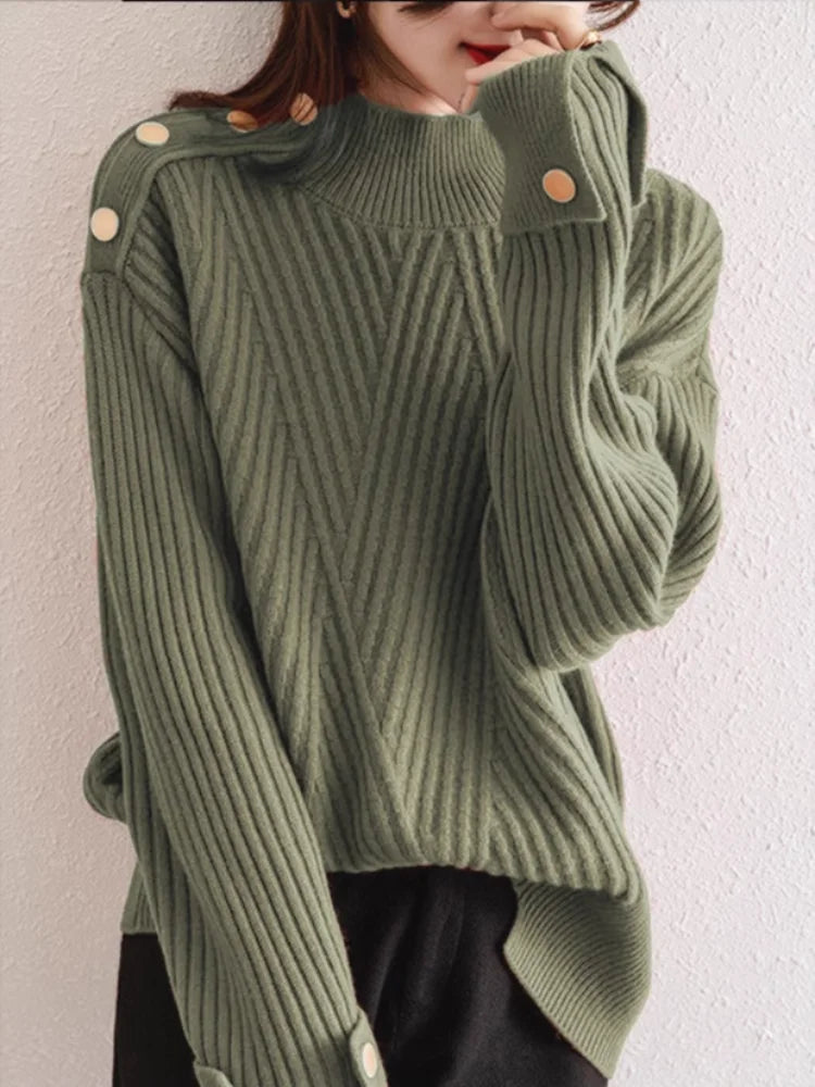 Dames Oversized Trui met Hoge Hals en Knoopdetails 7