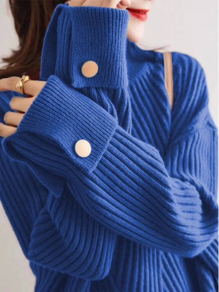 Dames Oversized Trui met Hoge Hals en Knoopdetails 8