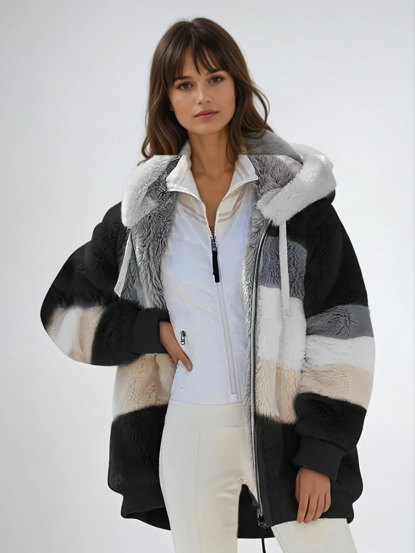 Dames Padded Plush Jas met Contrasterende Stijl 1