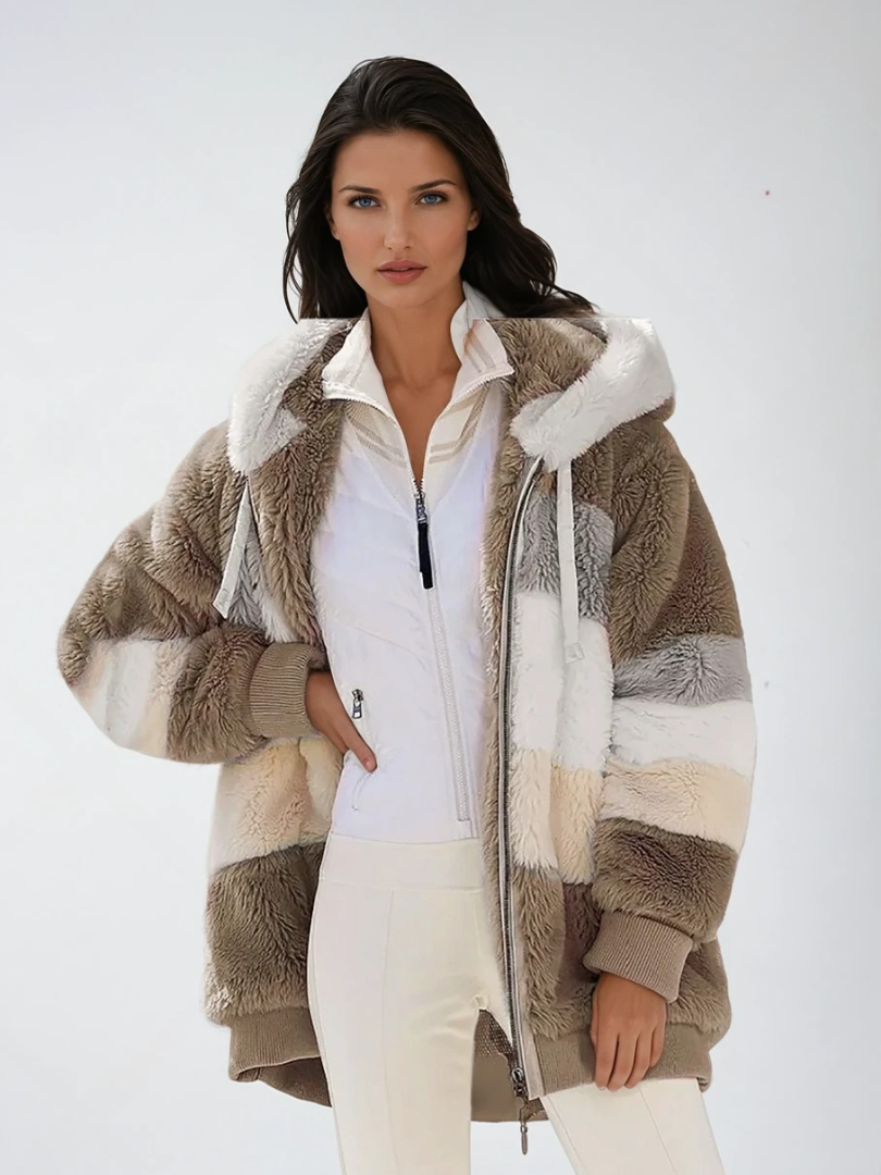 Dames Padded Plush Jas met Contrasterende Stijl 2