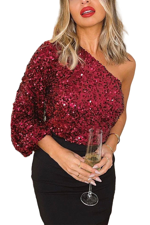 Dames Pailletten Top met Eén Schouder voor Feestelijke Gelegenheden 0