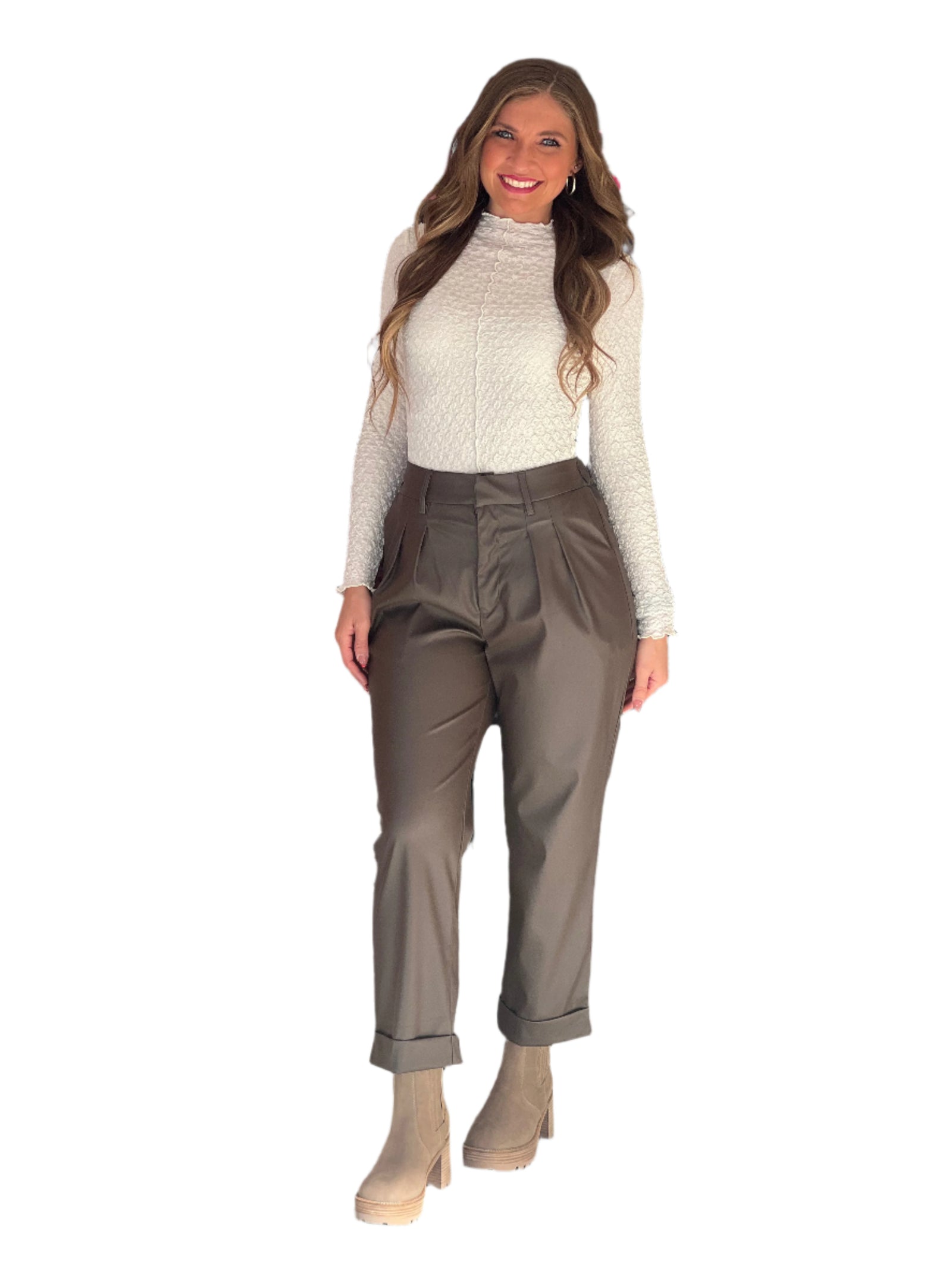 Dames Pantalon Geplooid Vegan Leer Casual Pasvorm 0