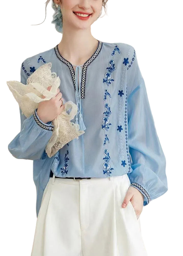 Dames Plus Maat Blauw Geborduurd Chiffon Overhemd met Veters 0