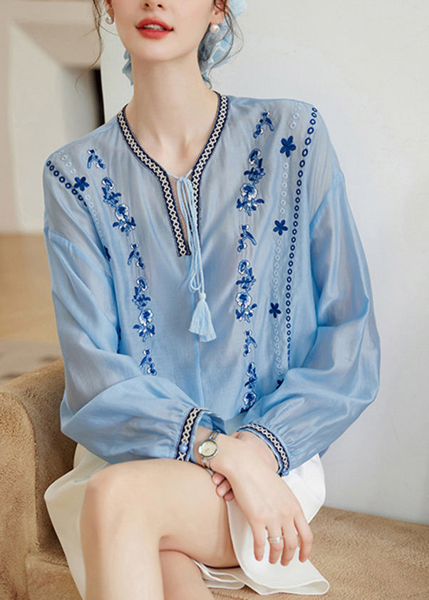 Dames Plus Maat Blauw Geborduurd Chiffon Overhemd met Veters 2