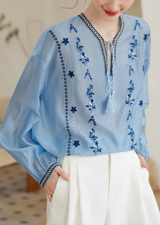 Dames Plus Maat Blauw Geborduurd Chiffon Overhemd met Veters 3