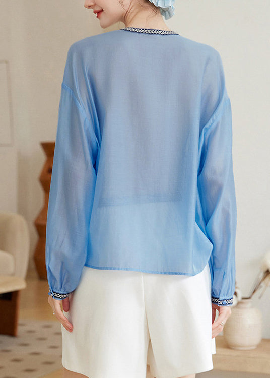 Dames Plus Maat Blauw Geborduurd Chiffon Overhemd met Veters 4
