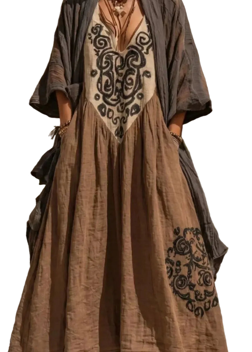Dames Plus Size Koffieprint Vest en Lange Jurk Set 0