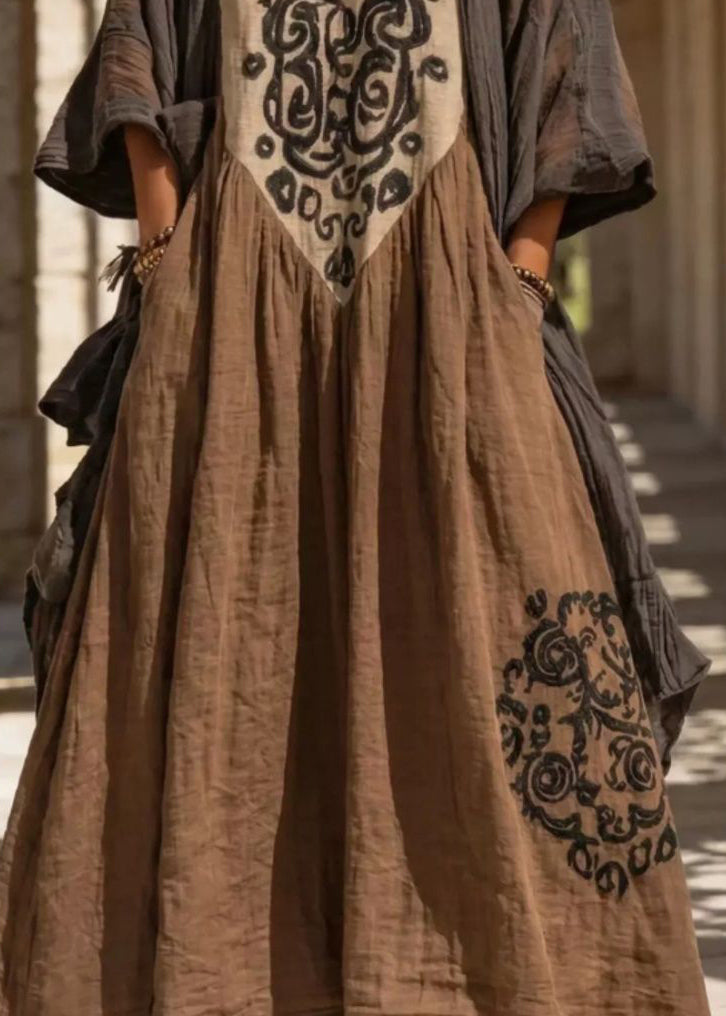 Dames Plus Size Koffieprint Vest en Lange Jurk Set 3
