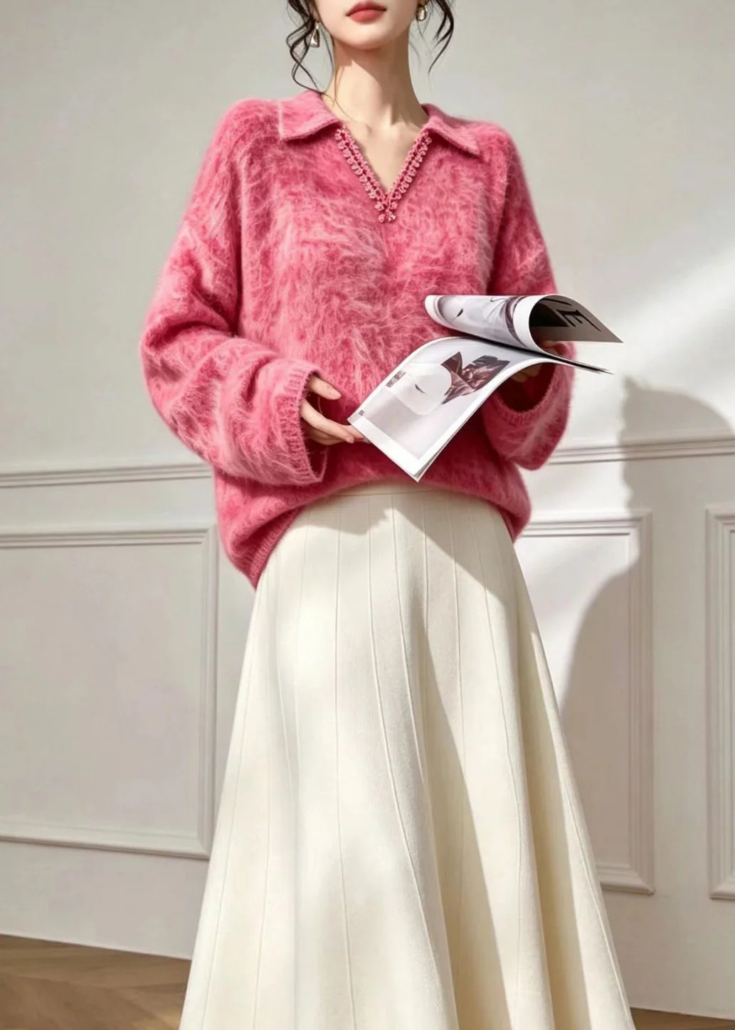 Dames Polo Trui met V-hals en Kanten Details 4