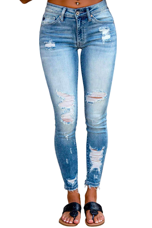 Dames Potloodjeans met Ruwe Zoom en Gescheurde Details 0