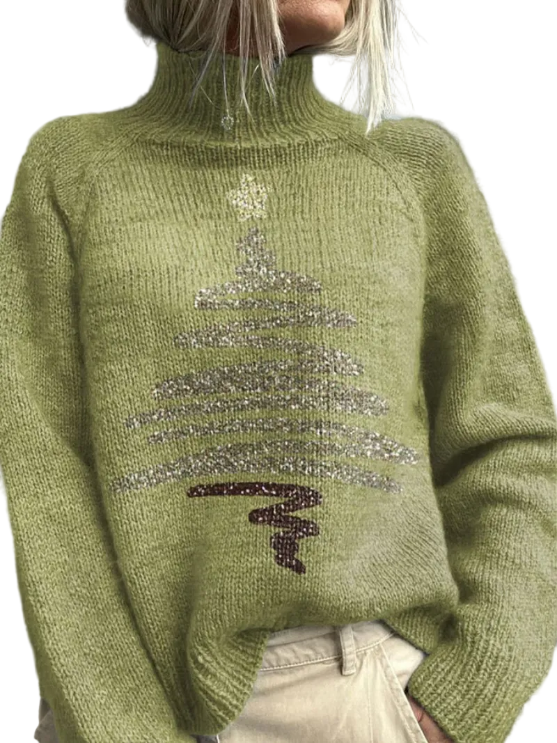 Dames Pullover met Hoge Kraag en Glinsterende Print 0