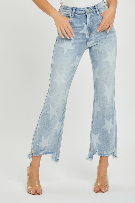 Dames Rechstreeks Jeans Met Sterrenprint Hoge Taille Licht Denim 1