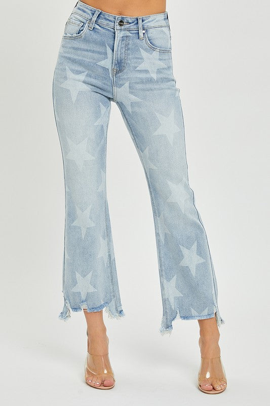 Dames Rechstreeks Jeans Met Sterrenprint Hoge Taille Licht Denim 2