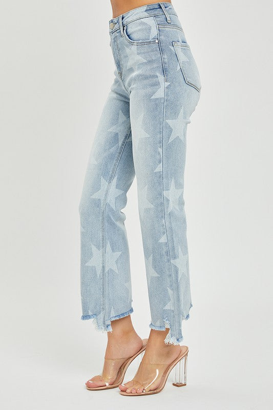 Dames Rechstreeks Jeans Met Sterrenprint Hoge Taille Licht Denim 3