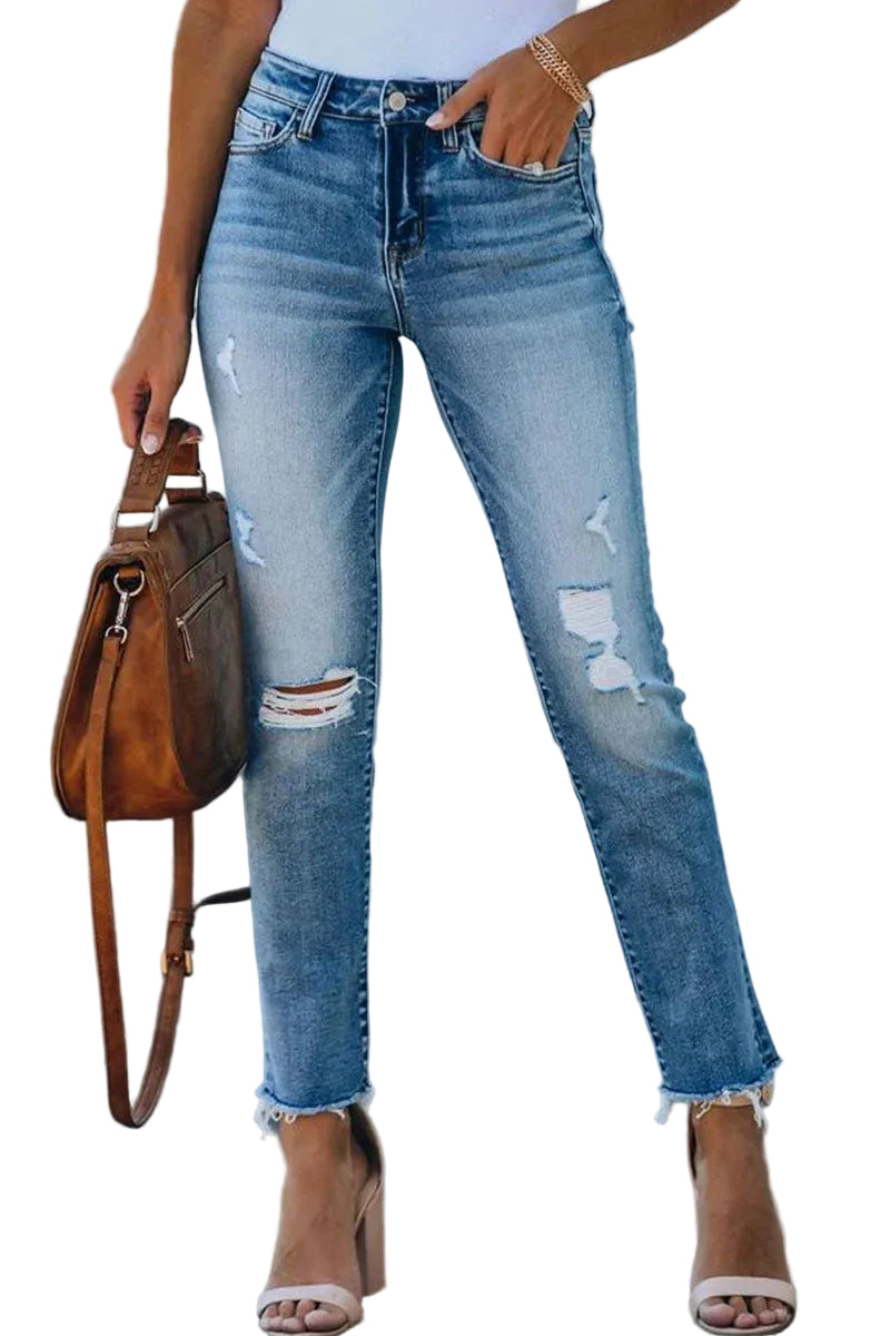 Dames Ripped Denim Jeans met Rechte Pijpen 0
