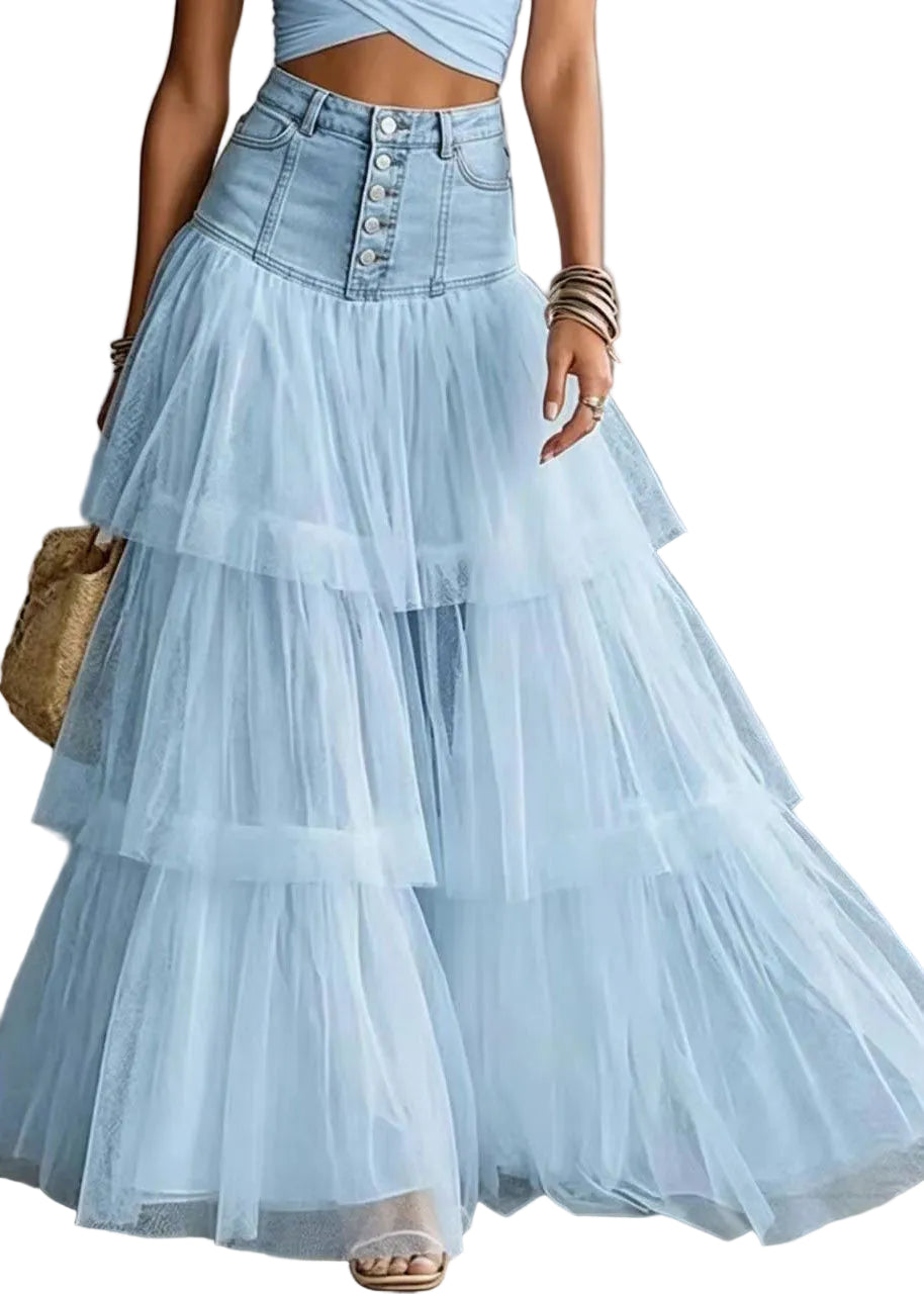 Dames Rok Hoge Taille Patchwork Tule Zomerstijl 0