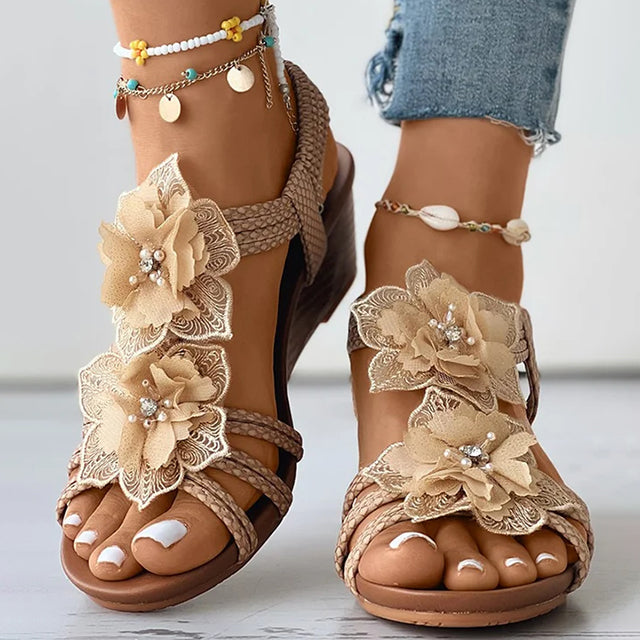 Dames Sandalen Sleehak Bloemendecoratie 9