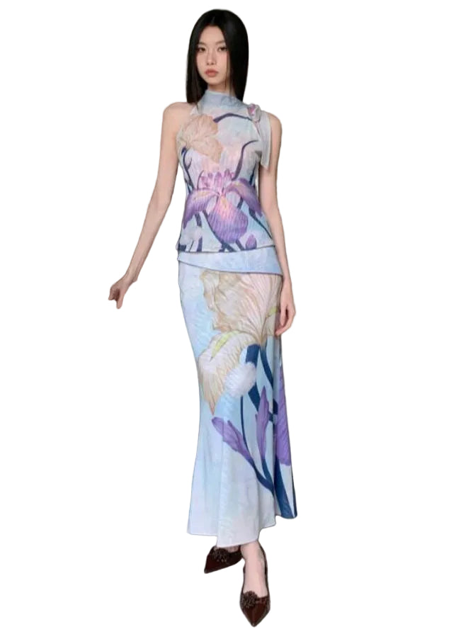 Dames Set Mouwloze Top en Rok met Dubbele Print 0