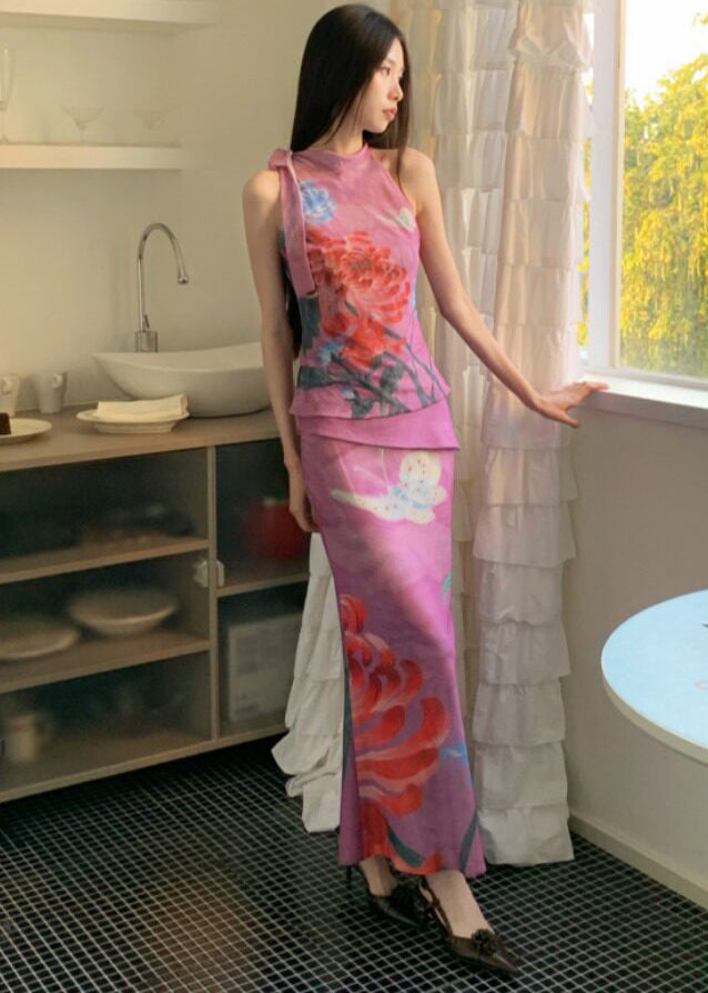 Dames Set Mouwloze Top en Rok met Dubbele Print 1
