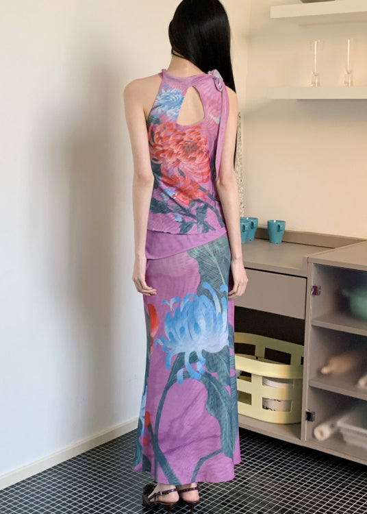 Dames Set Mouwloze Top en Rok met Dubbele Print 3