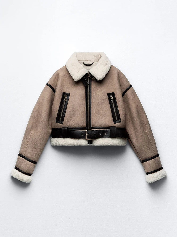Dames Sherpa Jas Met Vintage Leren Accenten 0