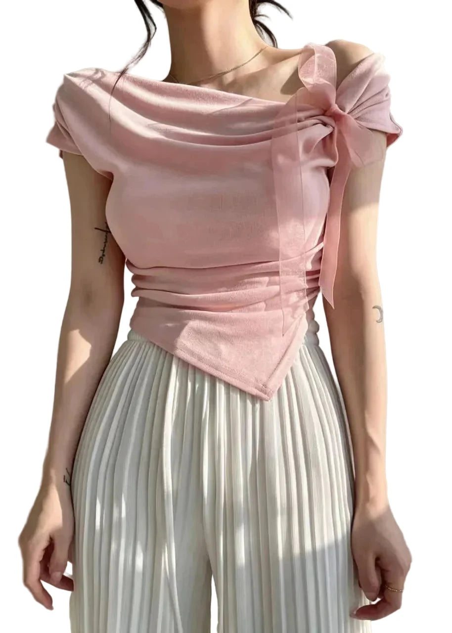 Dames Shirt Asymmetrisch met Eén Schouder en Strikdetail 0