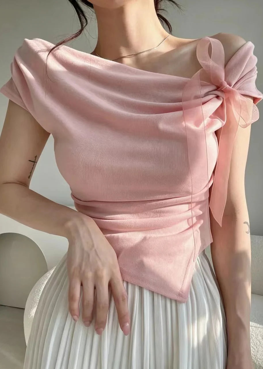 Dames Shirt Asymmetrisch met Eén Schouder en Strikdetail 2