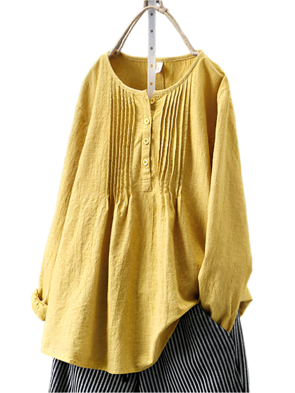 Dames Shirt Geplooid Ronde Hals Katoen Linnen Lange Mouwen 0