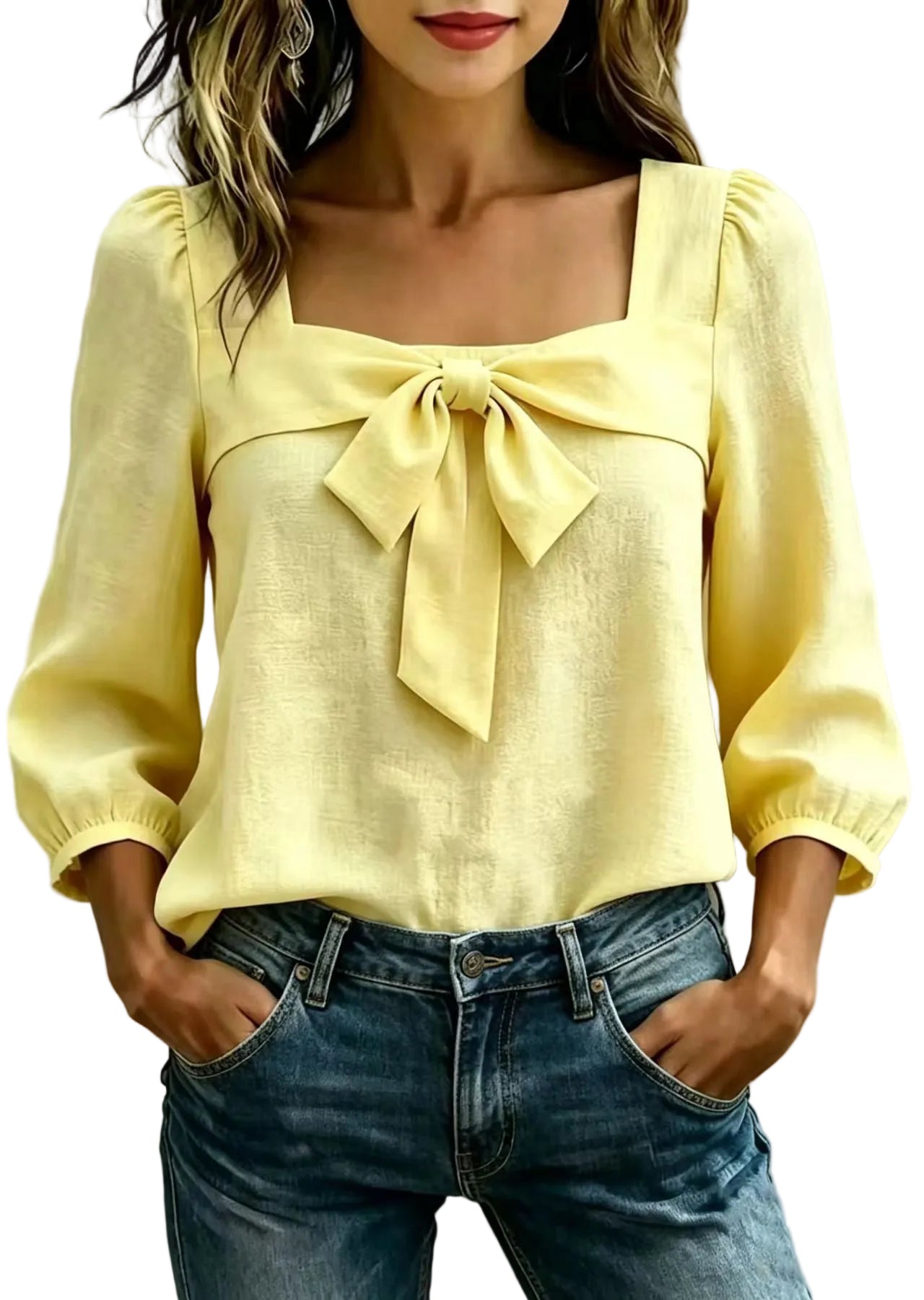 Dames Shirt Lange Mouw Vierkante Kraag Met Strikdetail 0