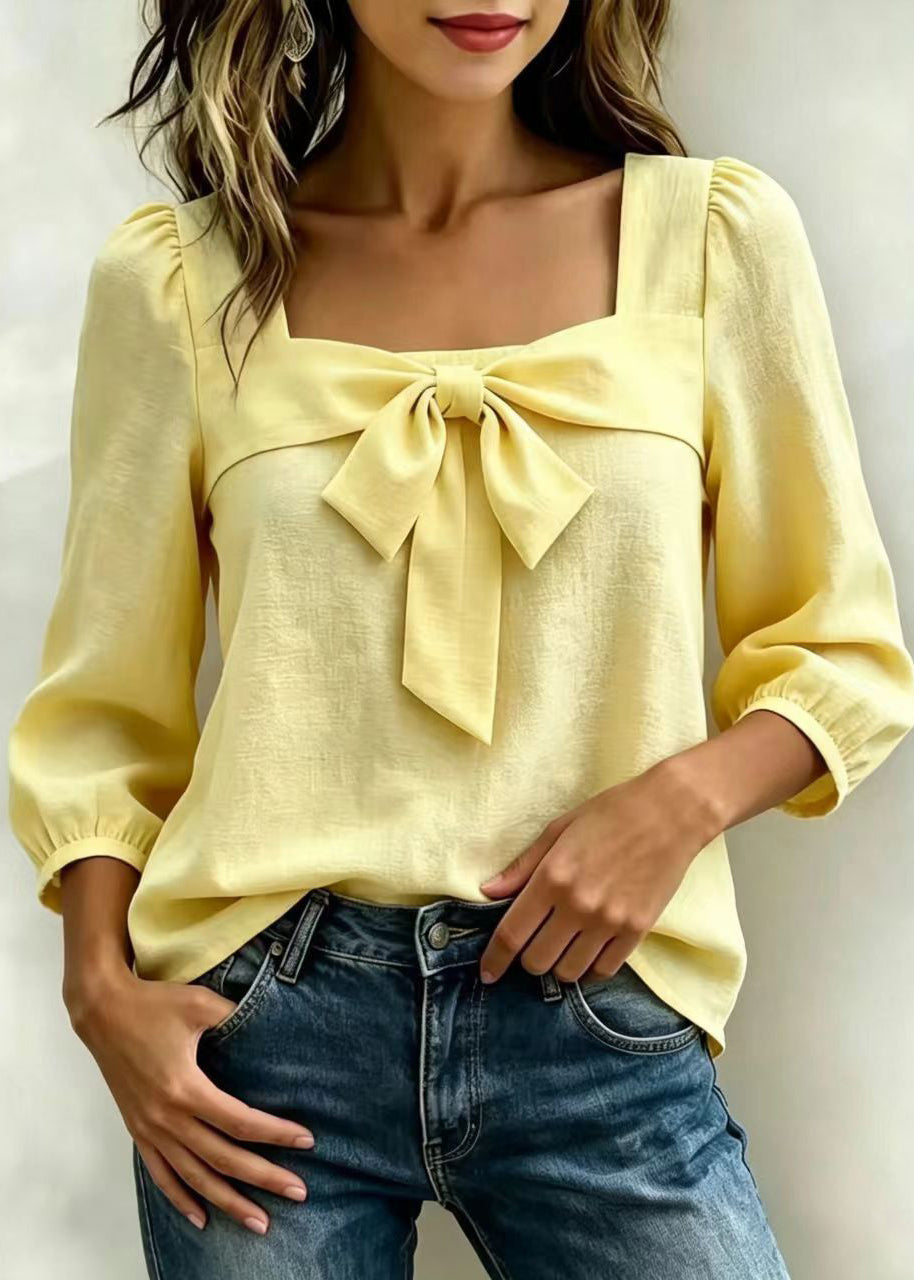 Dames Shirt Lange Mouw Vierkante Kraag Met Strikdetail 2