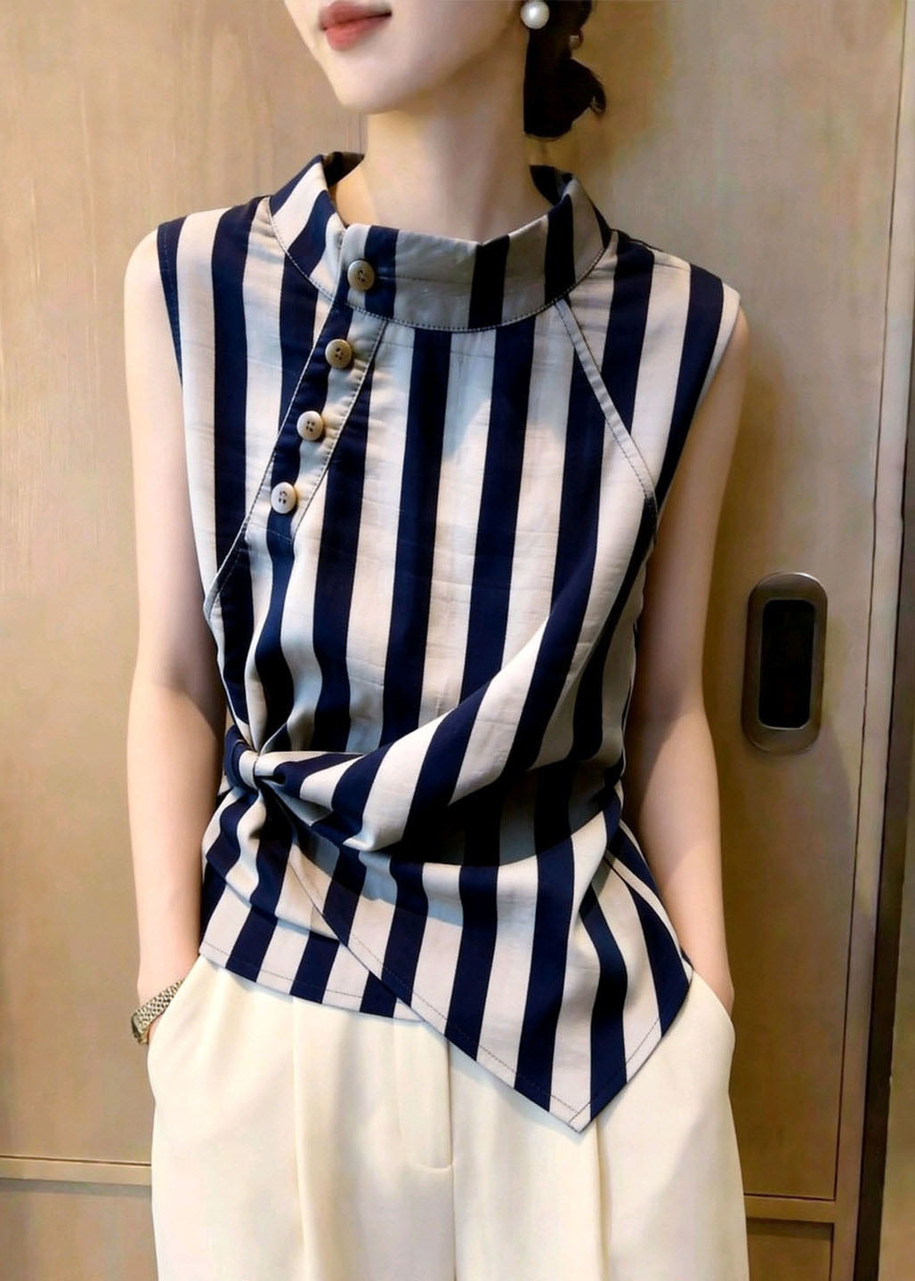 Dames Shirt Opstaande Kraag Gestreept Casual Zomerstijl 2