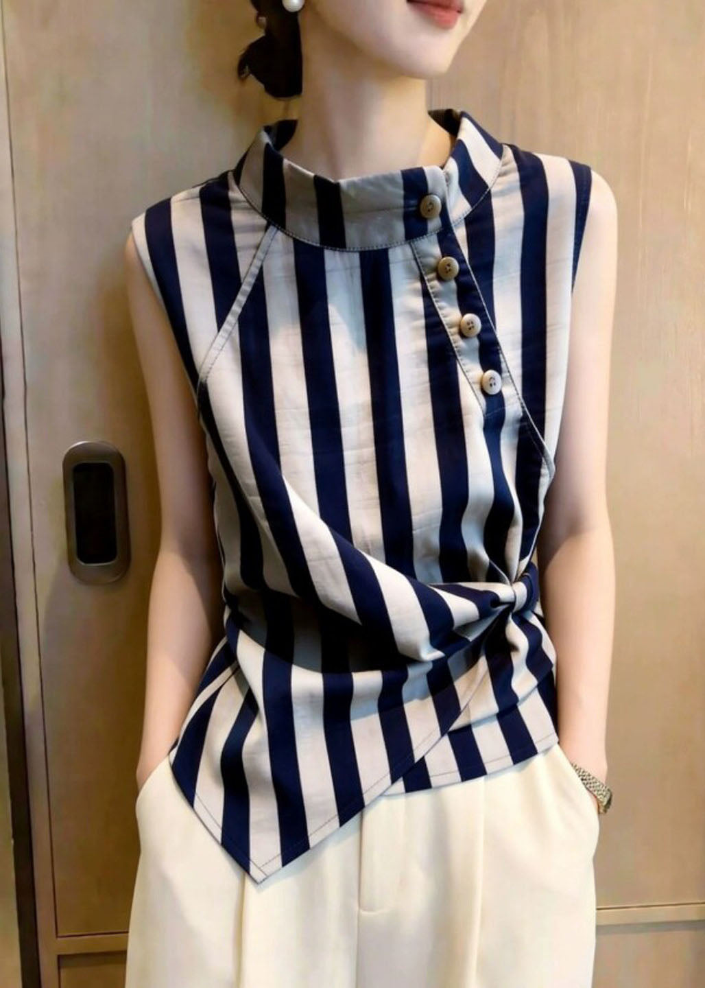Dames Shirt Opstaande Kraag Gestreept Casual Zomerstijl 4
