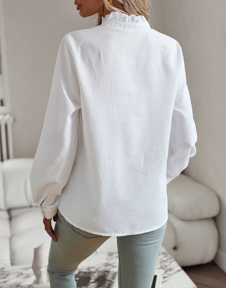 Dames Shirt Ruffle Lange Mouw Elegante Zachte Stof 3